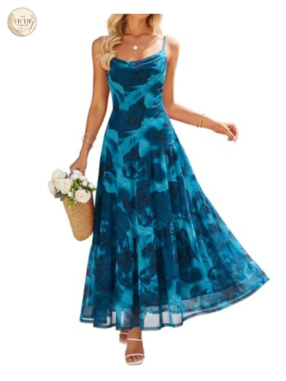 Womens Mesh Floral Sleeveless Maxi Dress A-Line Cowl Neck Spaghetti Strap